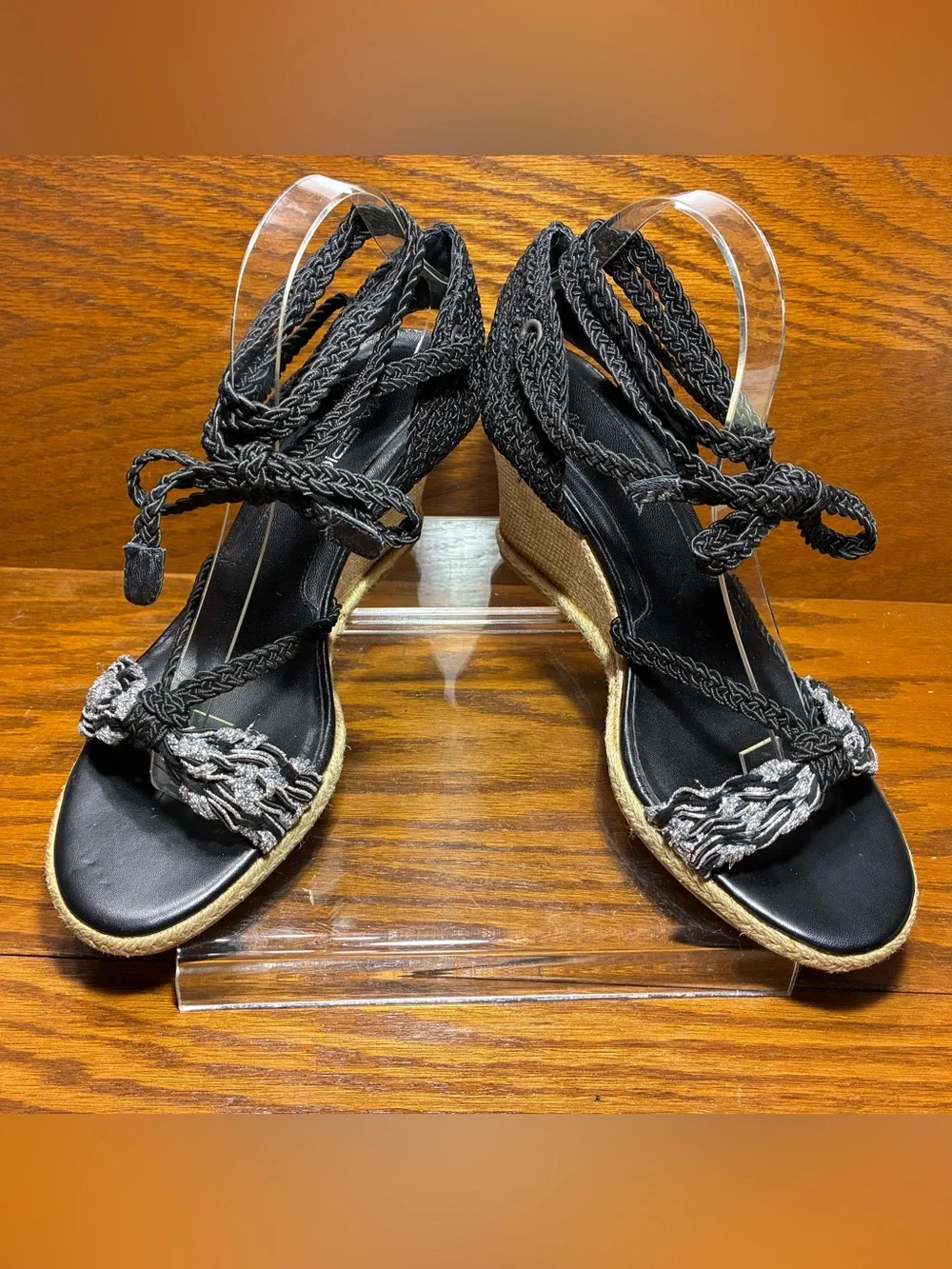 Via Spiga Braided Lace Up Espadrille Wedge Sandals Black Silver Size 10